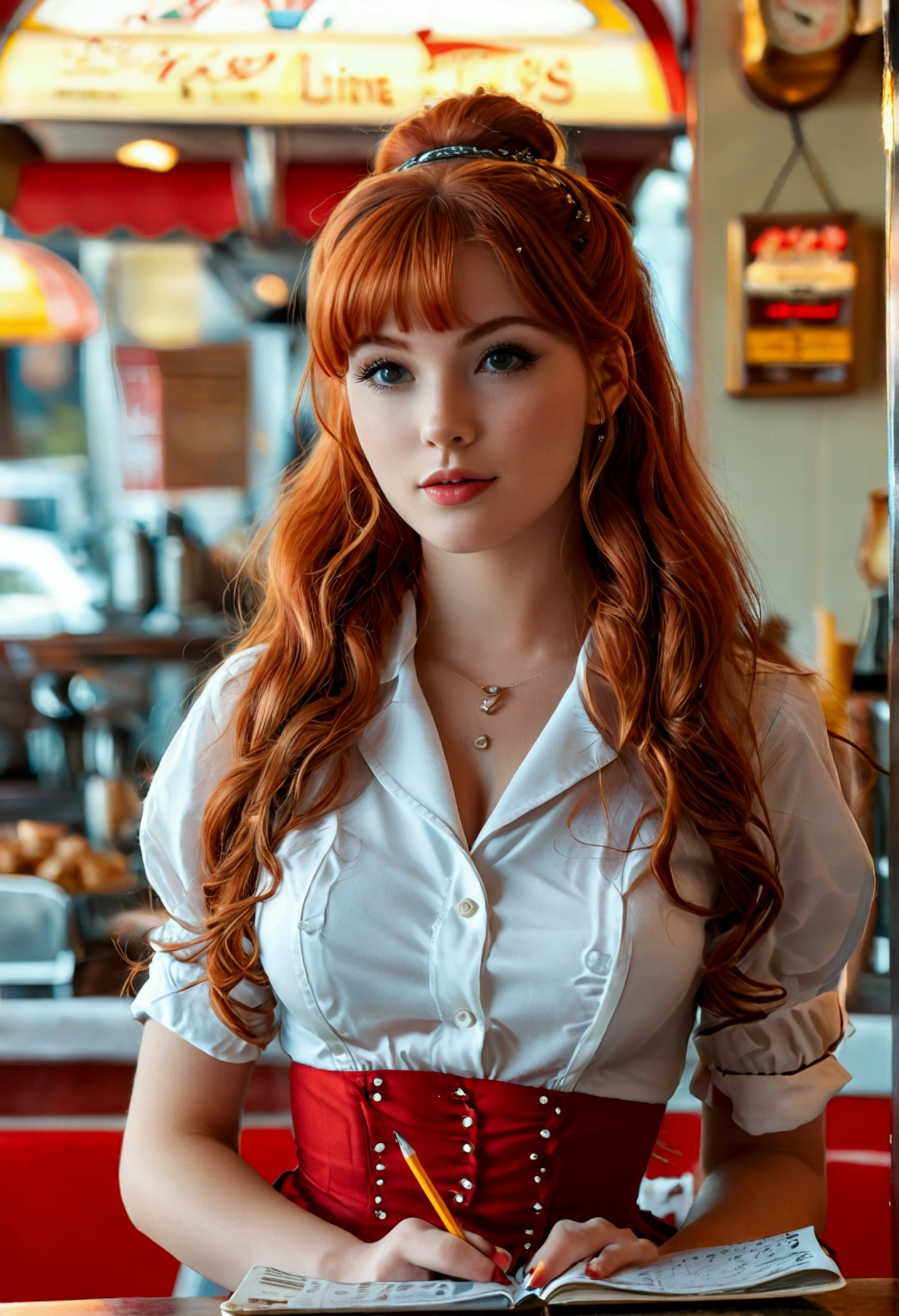 ultra realistic, photography, long red hair, girl, 24 years old, hourglass figure, perfect body, Flirty look, natural breasts, blur background, working at a 60s diner, standing at the counter, waitress outfit, hair in a bun, notepad and pencil in her hands