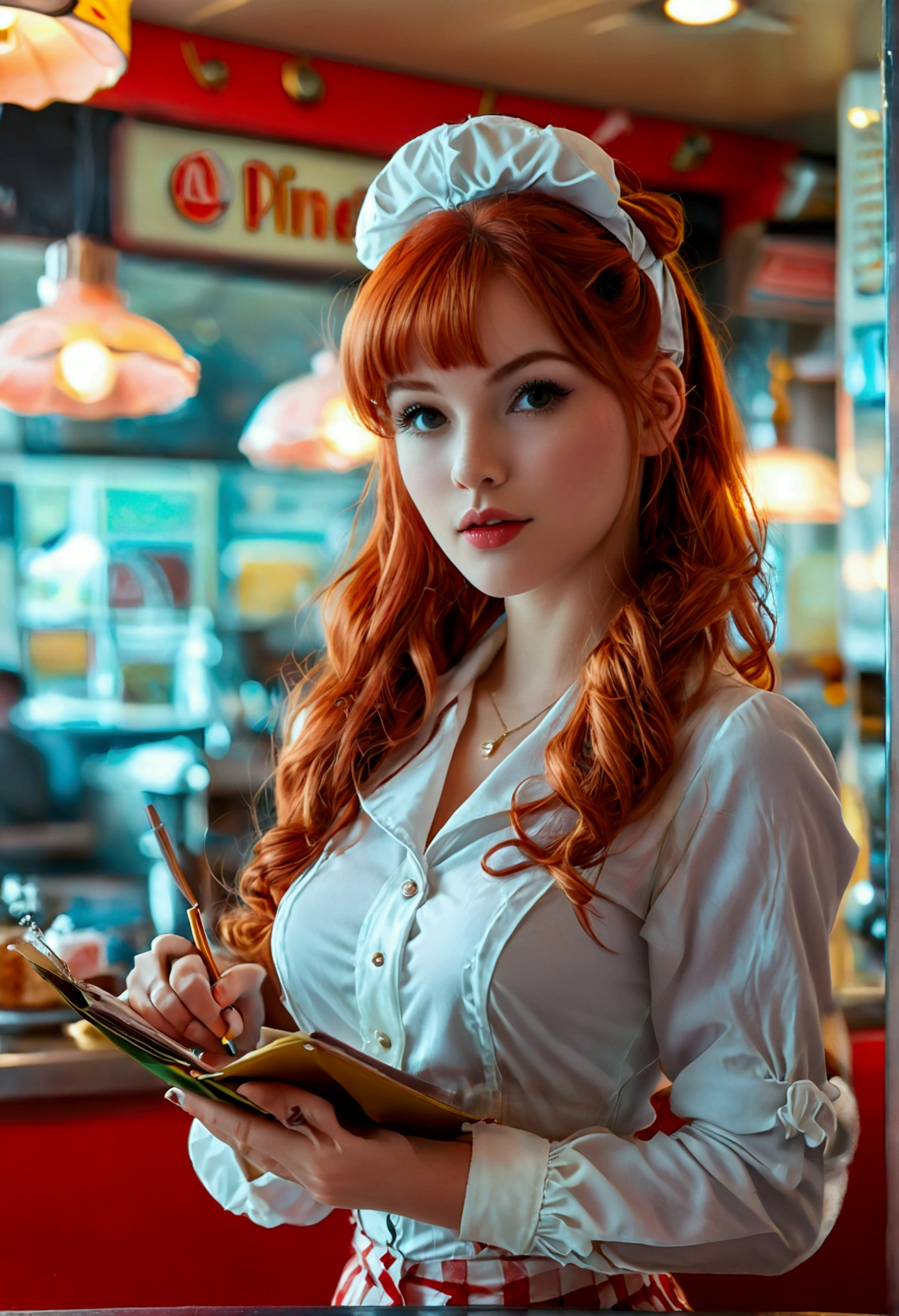 ultra realistic, photography, long red hair, girl, 24 years old, hourglass figure, perfect body, Flirty look, natural breasts, blur background, working at a 60s diner, standing at the counter, waitress outfit, hair in a bun, notepad and pencil in her hands