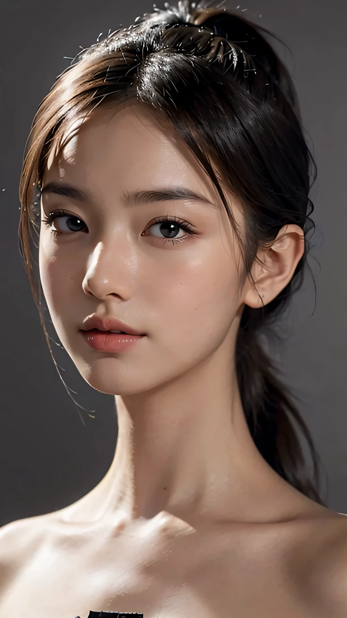 Commercials for luxury cosmetics style,Commercial filming studio,The background is all gray,Body in front,close up face,fully body photo,masutepiece, The highest image quality, High quality, the background is clear,Beautiful woman, Japanese, Detailed, Ultra-detailed, finely detail, hight resolution, 8K Wallpaper, Perfect dynamic composition, Beautiful detailed eyes ,Detailed eyes, Detailed skin, Beautiful skin, 超hight resolution, (reality: 1.4),Very beautiful woman, Slightly younger face, Beautiful skin, slender, (Ultra photo realsisim), (hight resolution), (8K), (Very detailed) (beautifully detailed eyes), (super detailed), (Detailed face), view the viewer, Fine details, Detailed face, Staring straight ahead, Staring straight ahead, photos realistic, Bright lighting, Professional Lighting, Black hair,poneyTail,a baby face,sixteen years old,Hairstyle: ponytail,Long ponytail hairstyle,slight smile,