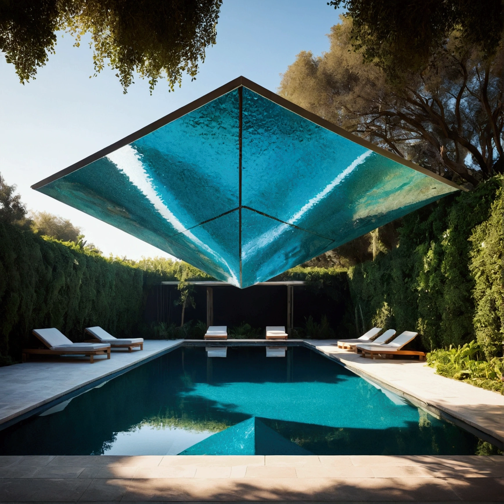inverted pyramid structure. shimmering light,Garden, swimming pool
