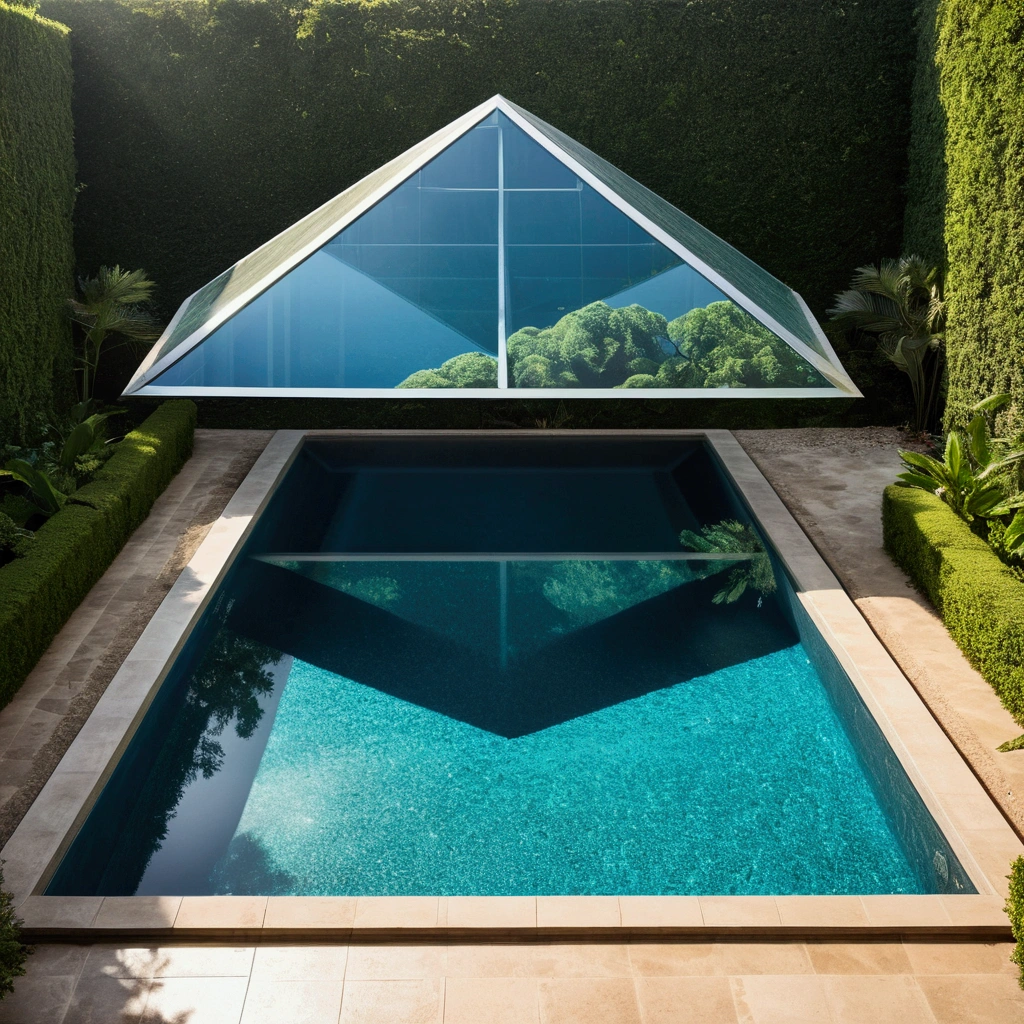 inverted pyramid structure. shimmering light,Garden, swimming pool