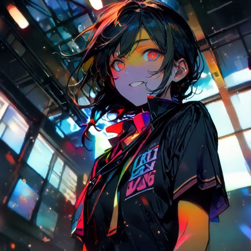 (well done) man, straight black hair down to his neck, big black hare ears, green eyes, black choker, black short-sleeved sweatshirt, long black gloves down to his forearms, black shorts, big socks, black boots.