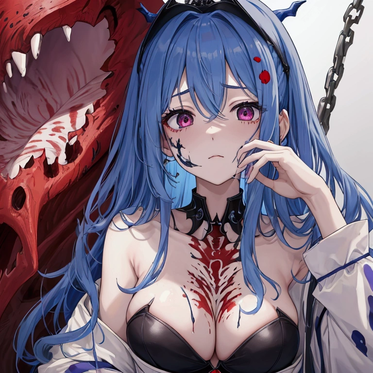 Highest quality, masterpiece, Ultra-high resolution, female、Big Breasts、Brave、alienation、Ash World、Blue Hair、Right arm covered in red tumors、The left half of his face is rotten and has turned green with spots.、Hollow Eyes、Whitened and brittle right half、Place々Strange purple bruises on、Thighs are scaly、Weak to walls々Sit leaning back、Mental breakdown、alone