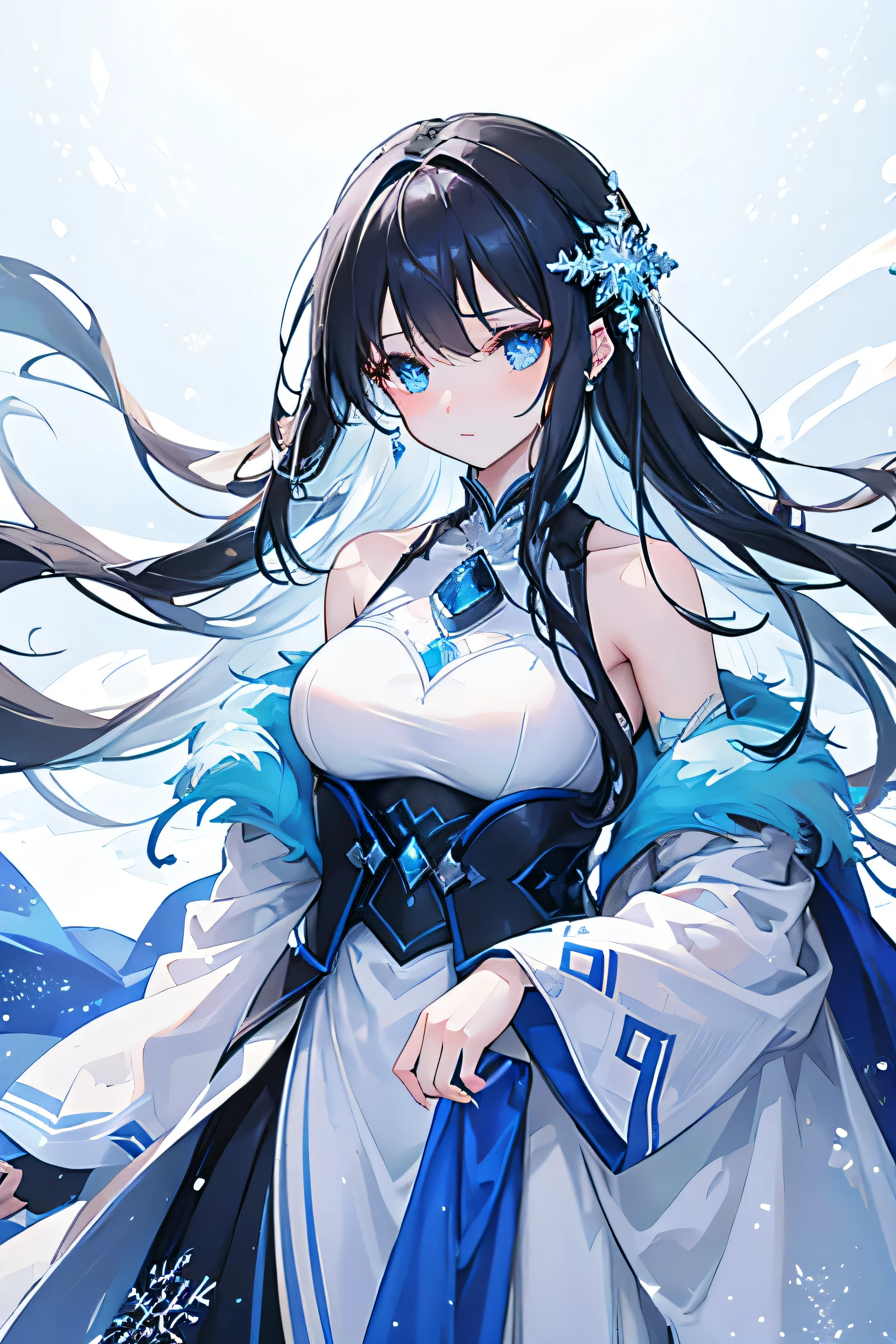A young woman stands in a wintry landscape with towering glaciers and snow-covered peaks. She has long, dark hair with blue highlights, and her piercing blue eyes reflect the icy surroundings. She wears an elegant dark blue gown adorned with intricate snowflake patterns and a shimmering gemstone at the neckline. Her cloak, also decorated with snowflakes, billows in the frigid wind. Snowflakes gently fall around her, enhancing the ethereal atmosphere of the icy realm.