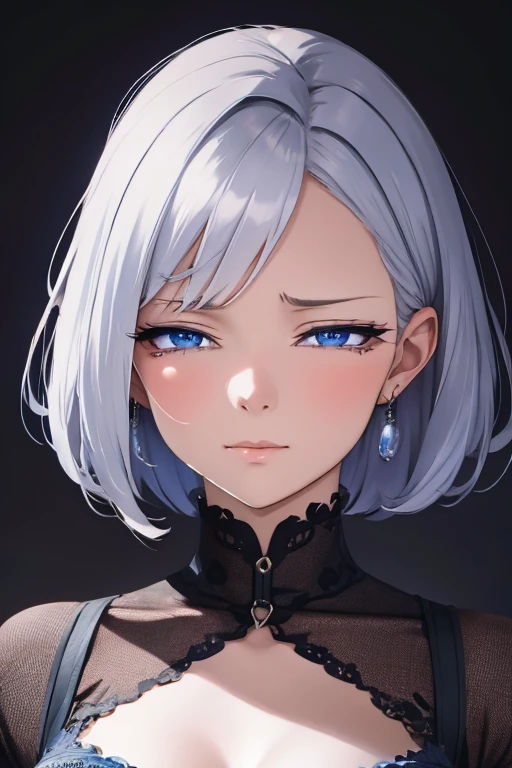 A woman with silver bob hair and blue eyes, her eyes are condescendingly, ((She is crying. She is shedding large tears)). extremely detailed and realistic, masterpiece quality, ultra-detailed, HDR, studio lighting, vivid colors, physically-based rendering, (She is facing completely to the side), she is fighting