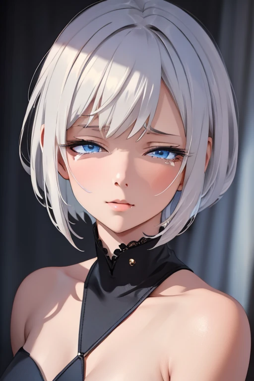 A woman with silver bob hair and blue eyes, her eyes are condescendingly, ((She is crying. She is shedding large tears)). extremely detailed and realistic, masterpiece quality, ultra-detailed, HDR, studio lighting, vivid colors, physically-based rendering, (She is facing completely to the side), she is fighting