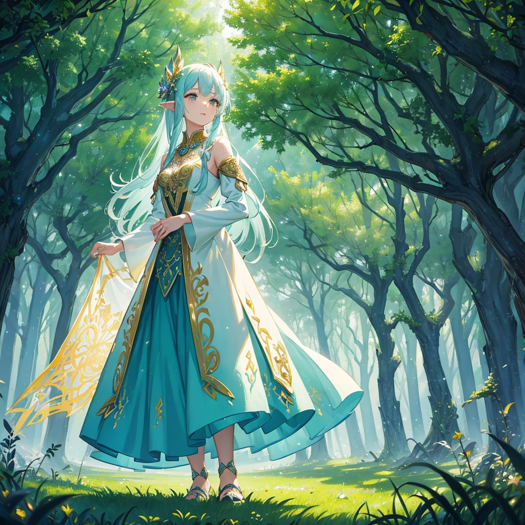 girl, solo, (fantasy art:1.4), fantastic, poster, portrait, standing in an enchanted forest, magical forest, magic light, fairies, surrounded by ancient trees with emerald, silver, and golden leaves, bioluminescent moss and flowers on the ground, mystical light beams filtering through the canopy, faint mist and whispering wind, small glowing fairies flying around, ethereal atmosphere, soft, radiant skin, flowing hair, detailed facial features, magical and serene expression, intricate and colorful attire, enchanted spring in the background, ancient stone pillars with magical runes, majestic light tree at the center