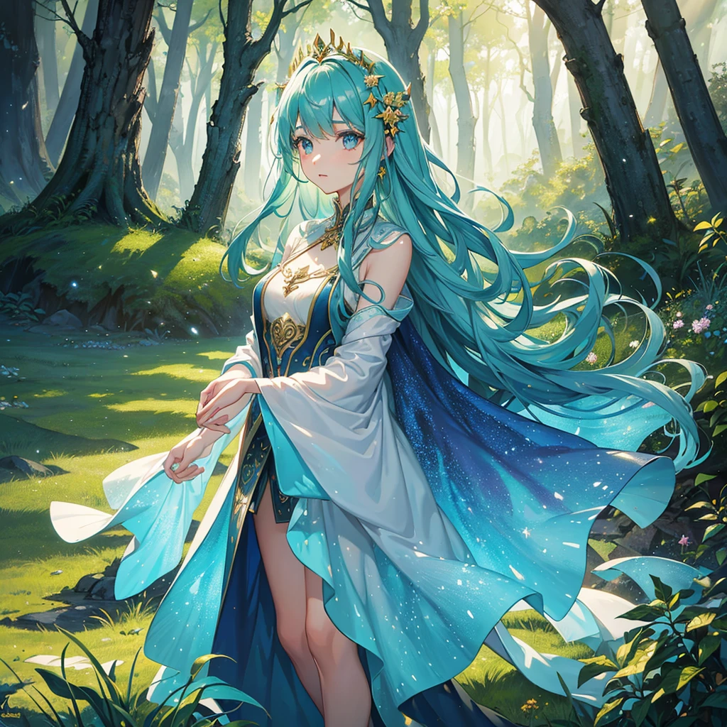 girl, solo, (fantasy art:1.4), fantastic, poster, portrait, standing in an enchanted forest, magical forest, magic light, fairies, surrounded by ancient trees with emerald, silver, and golden leaves, bioluminescent moss and flowers on the ground, mystical light beams filtering through the canopy, faint mist and whispering wind, small glowing fairies flying around, ethereal atmosphere, soft, radiant skin, flowing hair, detailed facial features, magical and serene expression, intricate and colorful attire, enchanted spring in the background, ancient stone pillars with magical runes, majestic light tree at the center