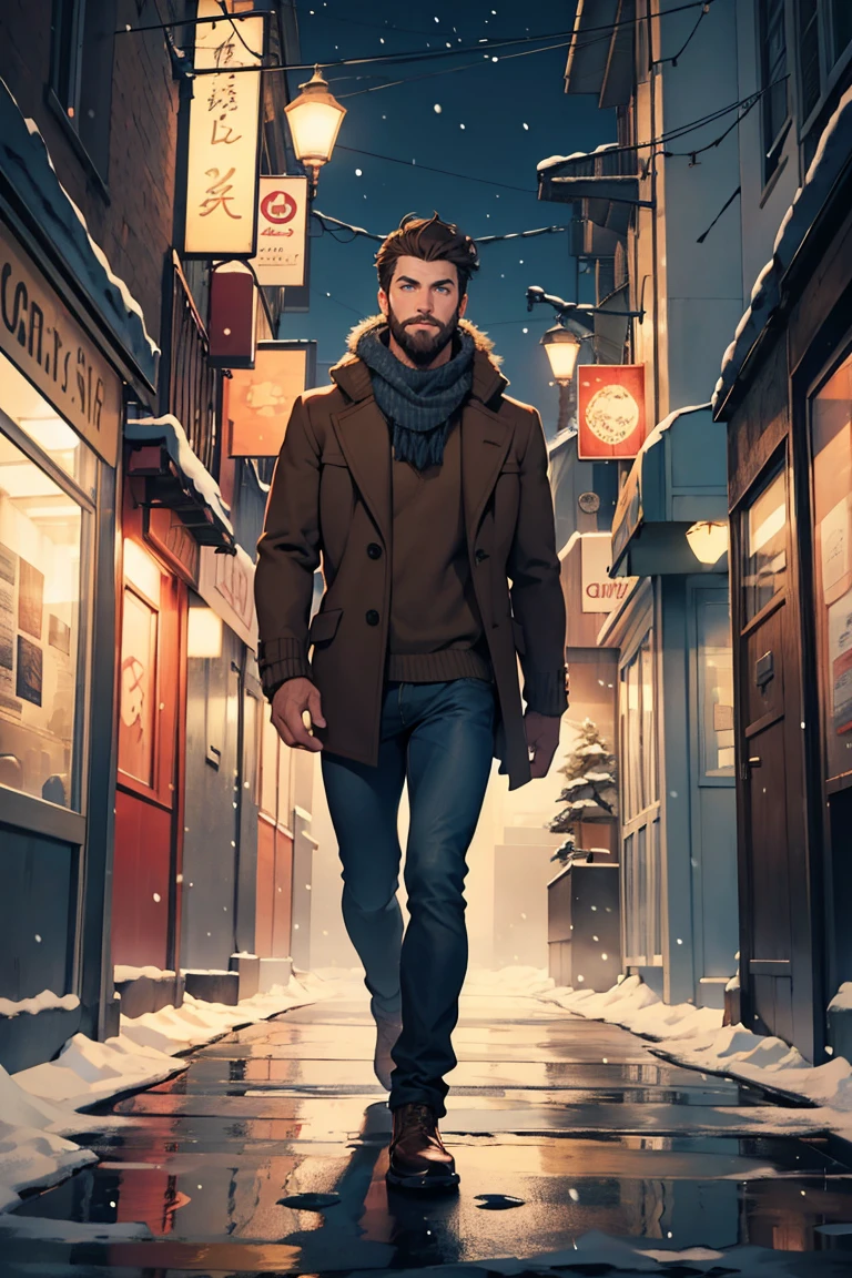 solo, 1boy, brown hair, short hair, brown beard, blue eyes, dressed in wool sweater with a neck, grey drape coat and dark blue jeans, night, city, winter, snowing, half-body