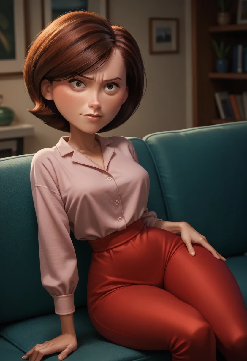 score_9, score_8_up, score_7_up, score_6_up, score_5_up, score_4_up, rating_questionable, 1girl, Hel_enParr, on a couch, seductive look, short hair, dark red hair, big hips, blouse