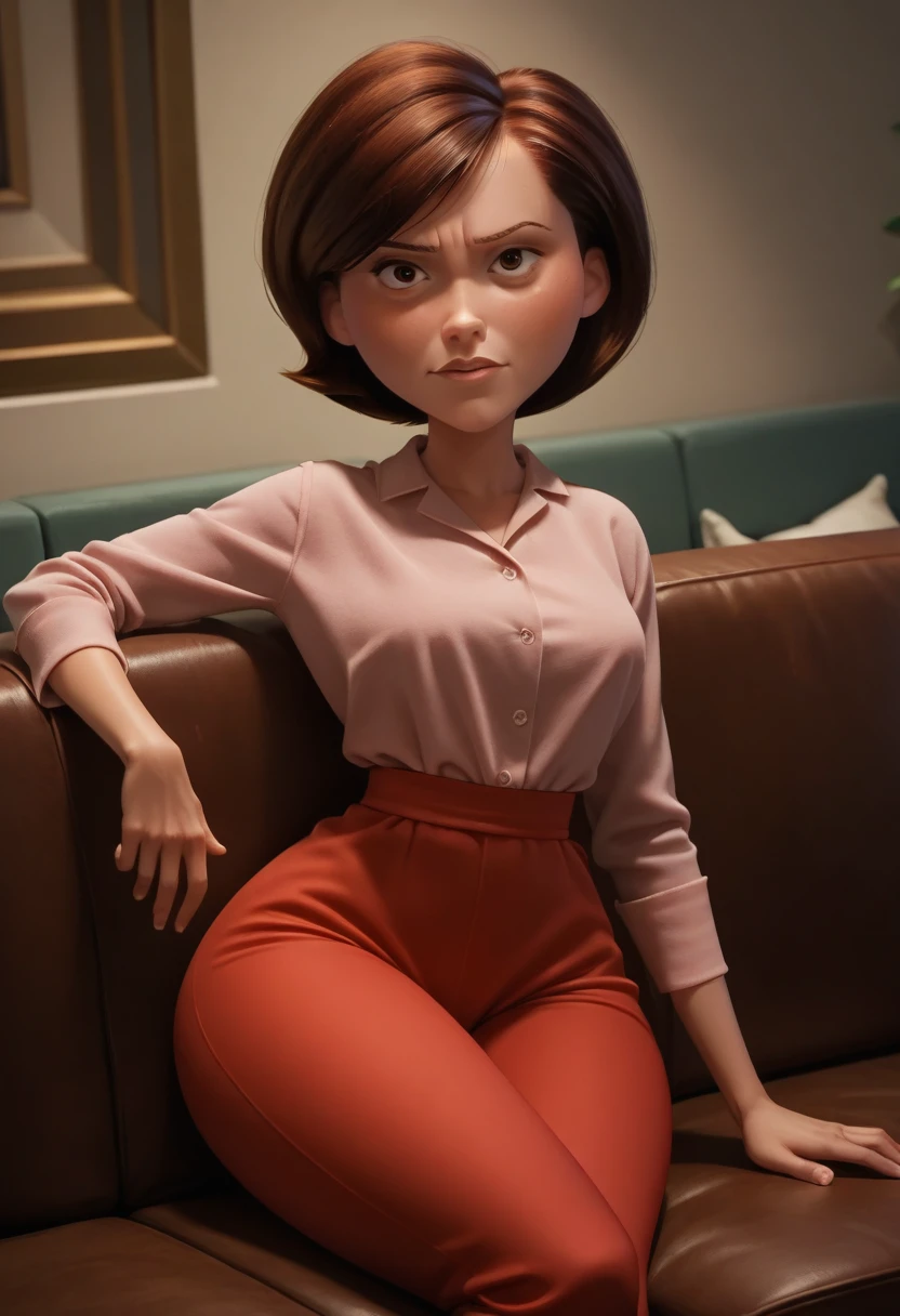 score_9, score_8_up, score_7_up, score_6_up, score_5_up, score_4_up, rating_questionable, 1girl, Hel_enParr, on a couch, seductive look, short hair, dark red hair, big hips, blouse