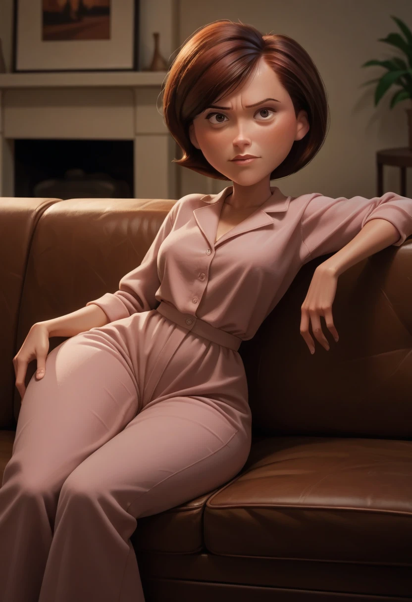 score_9, score_8_up, score_7_up, score_6_up, score_5_up, score_4_up, rating_questionable, 1girl, Hel_enParr, on a couch, seductive look, short hair, dark red hair, big hips, blouse