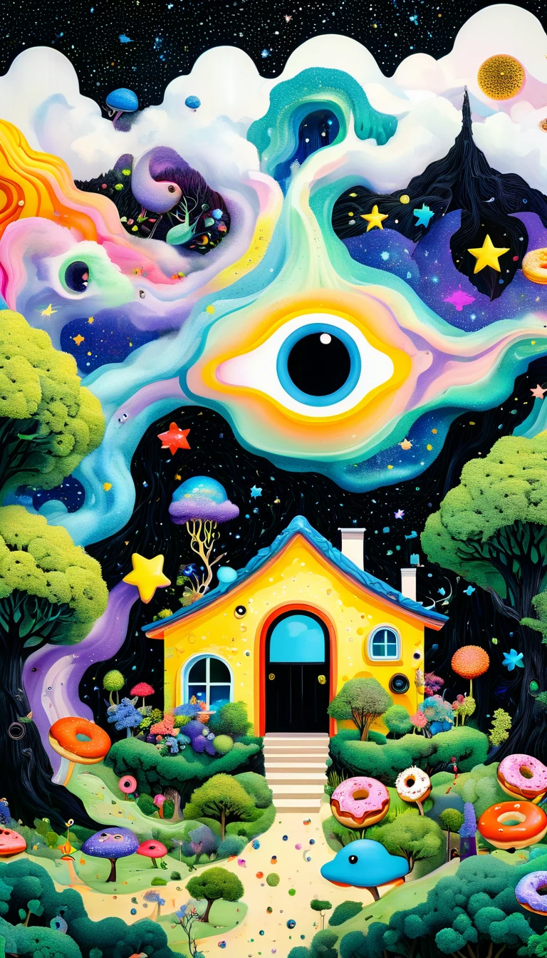 Strong visual fusion of multiple elements,Broto,来自Star的艺术家,Colorful black,Dopamine color scheme,Colored donuts、树洞里的Star、House in the trees、Eye、Star、cloud、fish、Tentacles,Describing the inner world of autistic people,密集Pointillism method。Smooth lines。interesting,Strange illustration。Pointillism method。Strong contrast。Award-winning works。