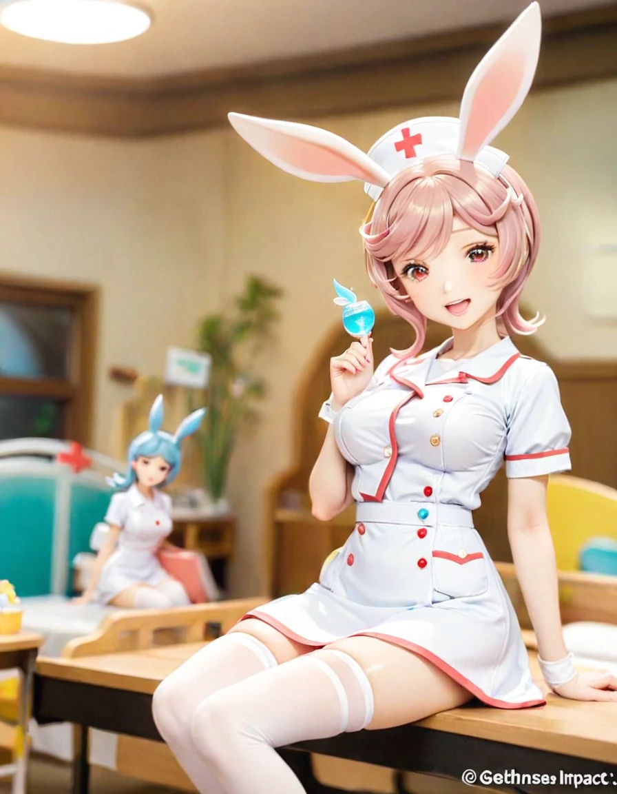 1girl, solo,thighhighs,smile, :d, sitting,open mouth, breasts, looking at viewer, blurry foreground, blush, depth of field, medium breasts, white thighhighs, ctwitter username, dutch angle, blurry,indoors,Nurse,Nurse uniform,Ward, bed,Hands behind your, Sigewinne (genshin impact),medium Breasts,red_eyes ,nurse,Bunny ears