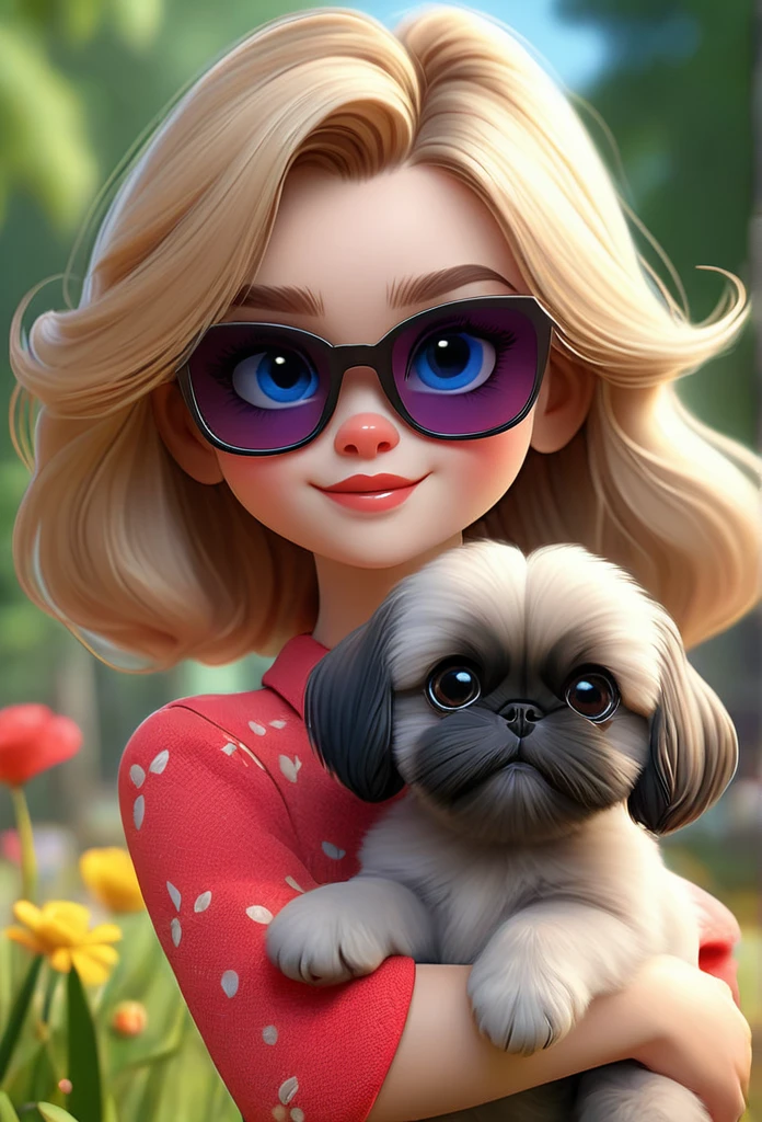 1 cute blonde girl with blue eyes wearing red sunglasses, red shirt, denim shorts, 2 small black Shih Tzu puppies with big bright blue eyes wearing red sunglasses walking at dog park, squirrels, bunnies, butterflies, flowers in background, 3D Pixar style, (best quality,4k,8k,highres,masterpiece:1.2),ultra-detailed,(realistic,photorealistic,photo-realistic:1.37),beautiful detailed eyes,beautiful detailed lips,extremely detailed eyes and face,long eyelashes,vivid colors,natural lighting,warm color tone,highly detailed background