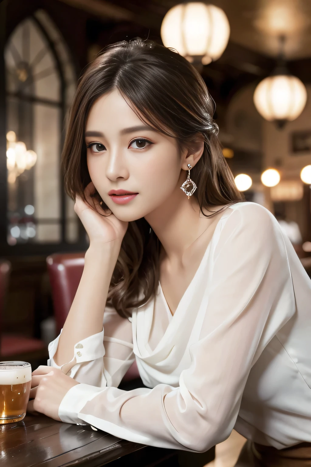 masterpiece, highest quality, Realistic, Very detailed, Finer details, High resolution, 8k wallpaper, One beautiful woman, Wear an elegant white see-through blouse, In a great pub restaurant, At night, Light brown messy hair, Perfect dynamic composition, Beautiful and beautiful eyes、Big earrings、Sitting in a chair、