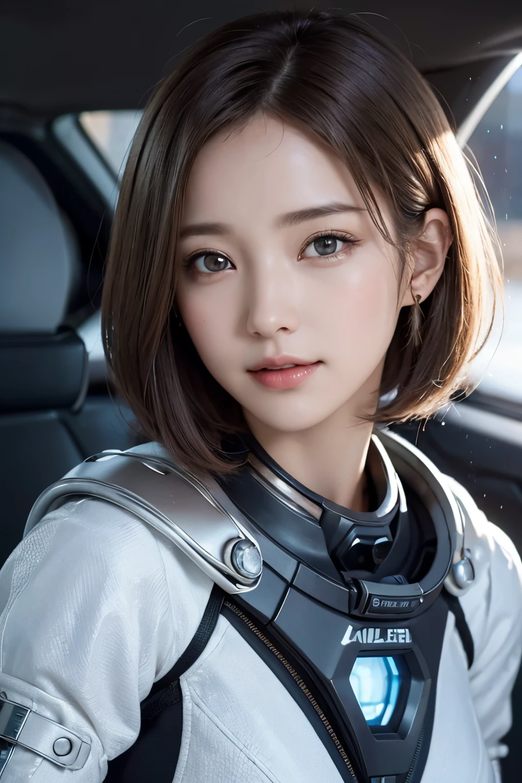 Ultra-high resolution、(Real:1.4)、One beautiful woman、Beautifully detailed eyes and skin、Light brown short hair、A Little Smile、Small Bust、Intricately decorated smart space suit、Impressive pose、Remains of a huge structure、Valley、cliff、Cloudy、evening、light rain、