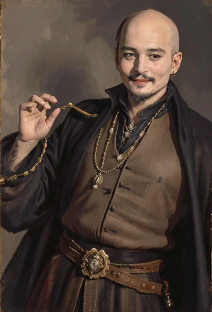 A cunning bald man with a smile on his face, with medieval clothes, looks like Johnny Depp