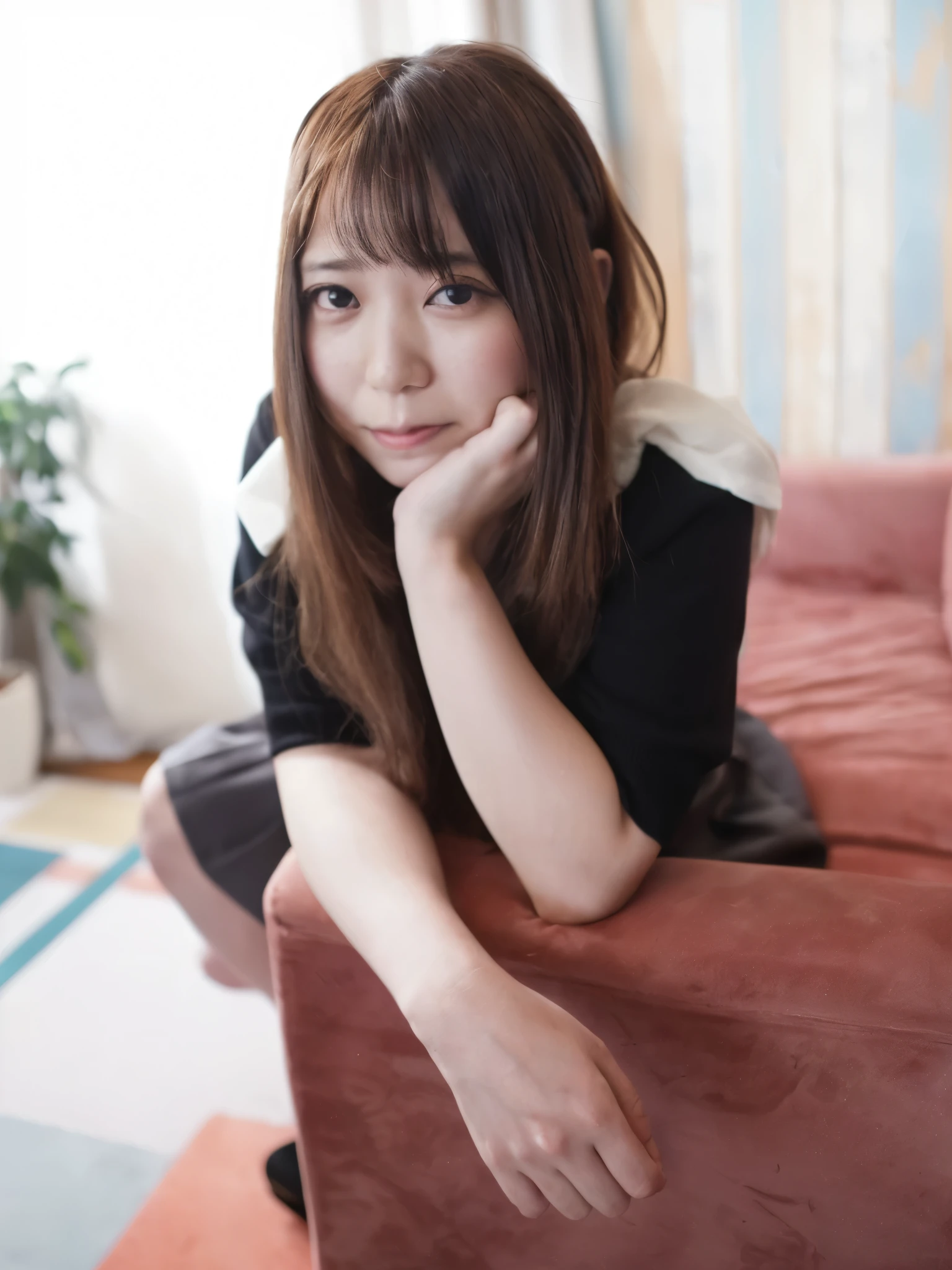 there is a young girl sitting on a couch with her hand on her chin, Chiho, taken with canon eos 5 d, taken with canon eos 5 d mark iv, narumi kakinouchi, taken with canon 8 0 d, taken with a canon eos 5 d, taken with a canon eos 5d, Yoshitomo Nara