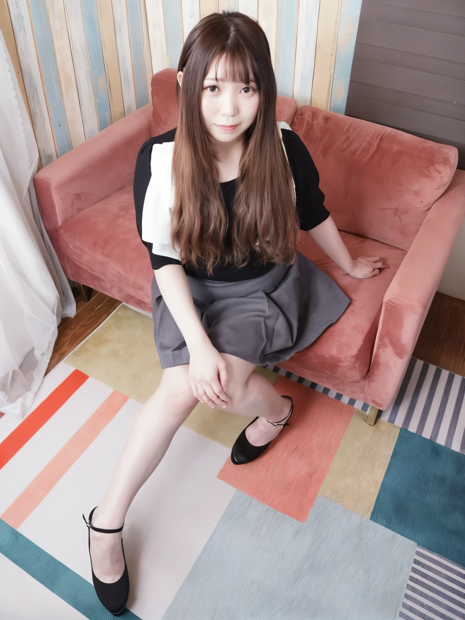 there is a woman sitting on a couch in a room, taken with canon 8 0 d, taken with canon eos 5 d, Chiho, taken with canon eos 5 d mark iv, reluvy5213, taken with a canon eos 5d, taken with a canon eos 5 d, Yoshitomo Nara