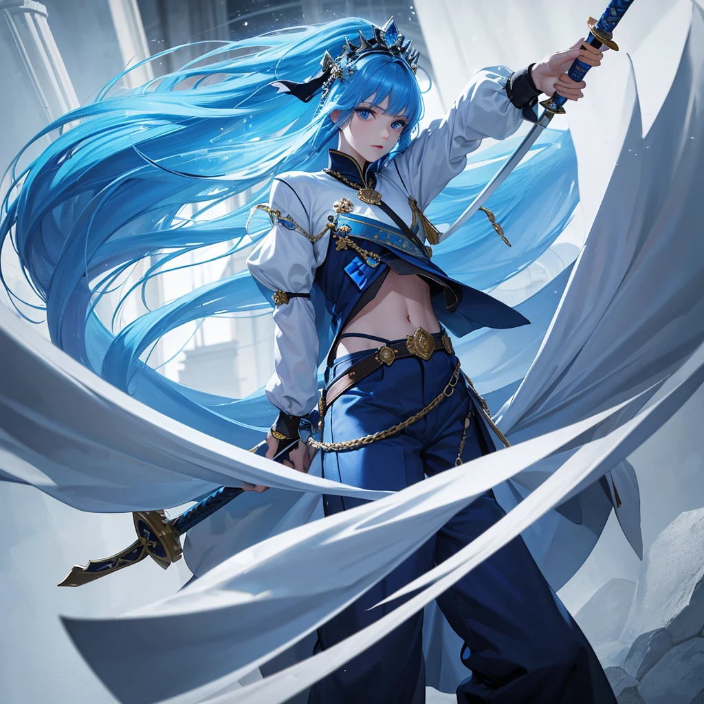 A princess with shiny blue hair and blue eyes. Wear a short shirt and long pants. Emperor holding a sword