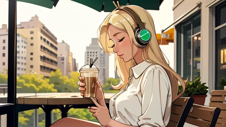 A beautiful blonde woman in her twenties is sitting on a cafe terrace wearing headphones. Looking down, close your eyes, LOFI Girl, Be alone in your room, blouse, relaxed mood, comfortable, new york, Starbucks