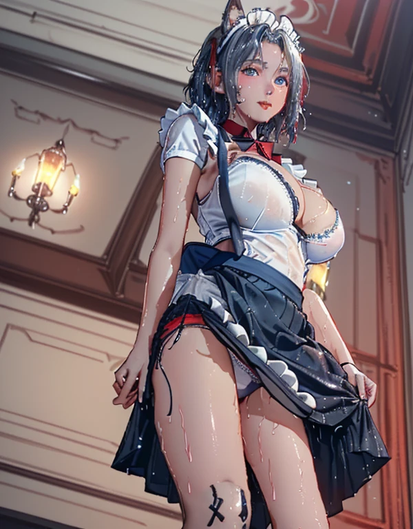 (8k, Realistic, RAW Photos, Highest quality, (from below:2), View your viewers: 1.3), (Fox Girl, Fox Ears, One Girl, Alone on the screen, dark skin, High definition, (boyish, Silver color very short hair), (Blue Eyes):1.4), とてもbeautiful, (Realistic Face), ((wet maid apron, Clothes that are mainly black with red accents), (Long skirt):1.5), (Body measurements: 88-55-77!, Height is 145 cm, Nice body, Big Breasts, (skirt hold, show off panties), slender, cleavage:1.6), Standing posture, A brilliance that captivates the viewer, beautiful expression, beautiful breasts, (Realistic Skin), beautiful...