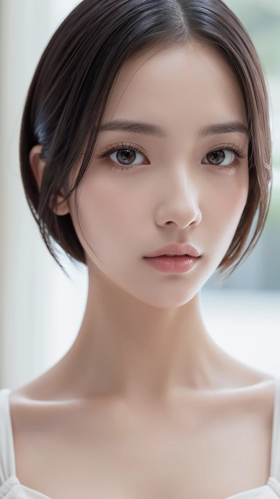 (masterpiece, best quality, hires, high resolution:1.2), (extremely detailed, intricate details, highres), (medium close-up:1.2) , (medium shot:1.2), (face focus:1.1), (soft focus:1.2), low lighting, (out of focus:1.2), bokeh, f1.4, 40mm, photorealistic, raw, 8k, ((textured skin:1.1, skin pores:0.3, realistic skin:1.1)), intricate details, 1woman, (ultra sharp image), black hair, short straight hair style, very beautiful woman , The world's largest aquarium,There are sharks in a large aquarium that reaches all the way to the ceiling.,V-neck,Off-shoulder white sweater,jeans,