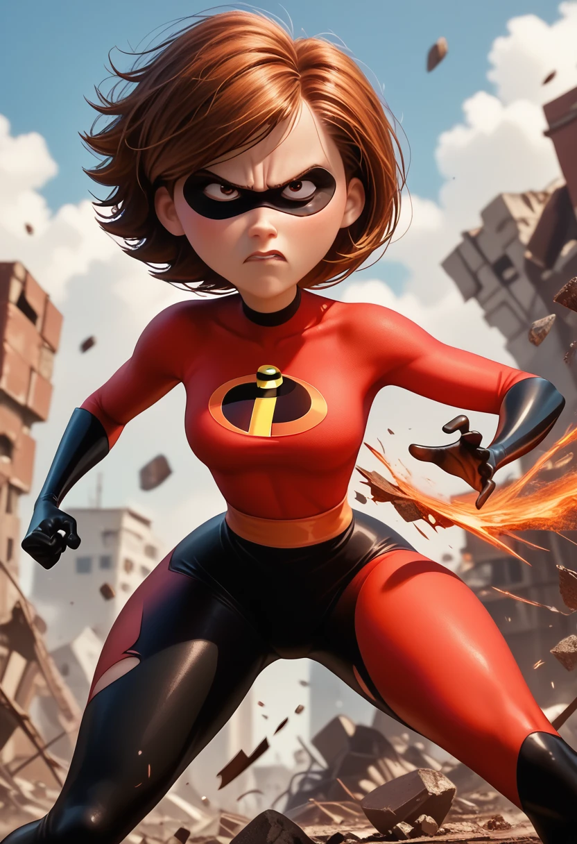 score_9, score_8_up, score_7_up, score_6_up, score_5_up, score_4_up, rating_questionable, 1girl, Hel_enParr, superhero, eye mask, big hips, ripped clothing, determined look, punching, stretchy arms, rubble, wind blowing hair, short hair