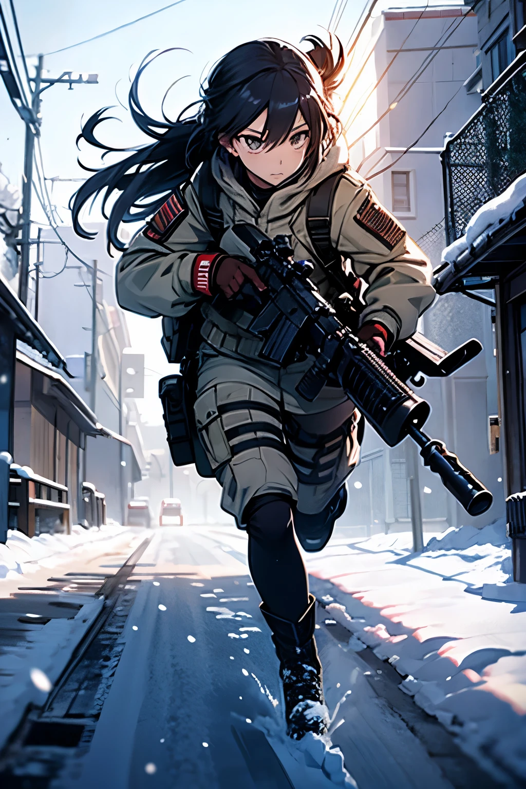 anime girl soldier in the snow, running with a sniper in hand, action, dynamic, perspective.