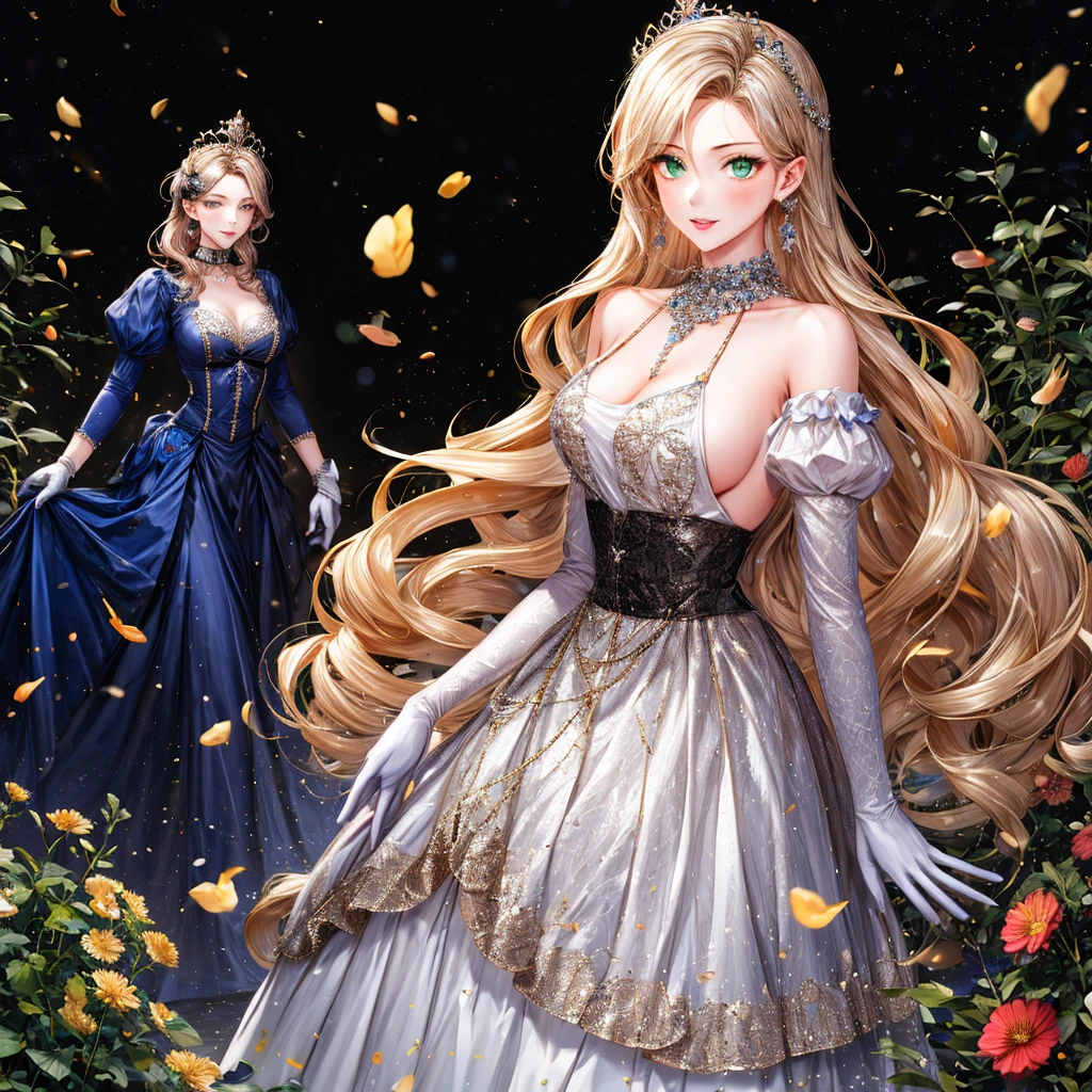 girly style, (flower background, romance comics), 2 girl, blond, alone, long hair, flower, skirt, crown, white skirt, Gloves, Long sleeve, collar, Green eyes, mascara, cosmetics, white Gloves, black bow, black flower, Straight Hair, drill hair, french OKid, bow, OK, jewelry, looking at the audience, White background, clavicle, puffy sleeves, silver accessories, full-body shot, parted bangs, very long hair, blue skirt, trim, bangs, Keep your mouth shut, delicate eyes, 火flower