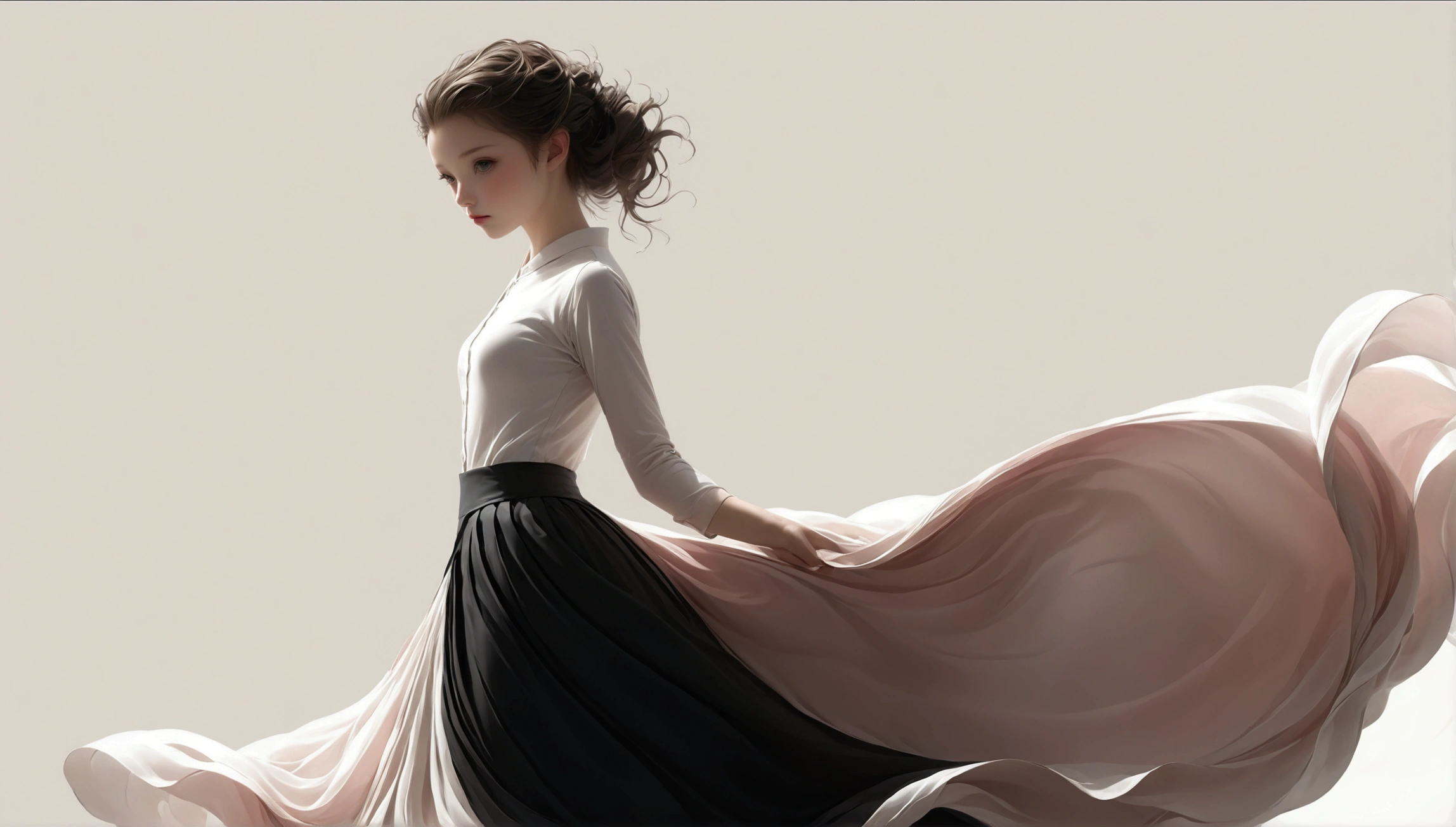 Dance photography：A ，Solitary；A dancing little girlball，confidence，High and cold，happy]；[Long skirt elegant style，Long sleeve；Set，Light pink and white gradient，Traditional style，Smudged skirt hem，The whole screen is full of skirts，Skirt smudge background，Ink feeling，Sense of atmosphere，The skirt has no pattern]；[elegant，Flexible skirt；Long hair，Long hair披肩]。[Chinese dance]，[[[Full body panorama 1.5]]]，front；The figure is submerged in the fabric of the skirt，Full screen fabric；White background，纯White background；Composition：The character is on the right side of the screen； Simple style；Minimalism。Panoramic photography；Depth of Field, Extraordinary details, masterpiece, high quality, 4K，cinematic lighting, motion blur, depth of field, sparkle, ray tracing, reflection light, anatomically correct, uhd, textured skin, best quality, super detail, highres, high details, accurate, high quality, award winning