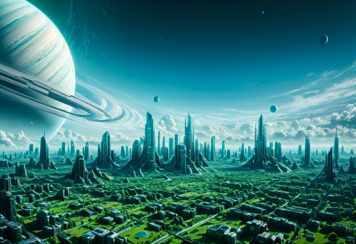 create the vision of a perfect planet with a surface with trimmed and vast green garden grass on the surface, there are rounded buildings and ultra-modern cities on the surface, sky with daytime space and dense atmosphere light blue color,  surreal image, There is the planet Saturn faded in the distance at the top of the image with its beautiful rings seen from the surface in the sky through the dense atmosphere, clear atmosphere with transparent clouds , the planet is immense and is setting on the horizon, cyberpunk style from a distance, space is clear and you can only see the silhouette of one side of the planet through the dense atmosphere, clear total, clear horizon, penumbra, as realistic as possible, bright environment without light without sun, starry sky. there&#39;s a space cruiser soaring in the sky.
