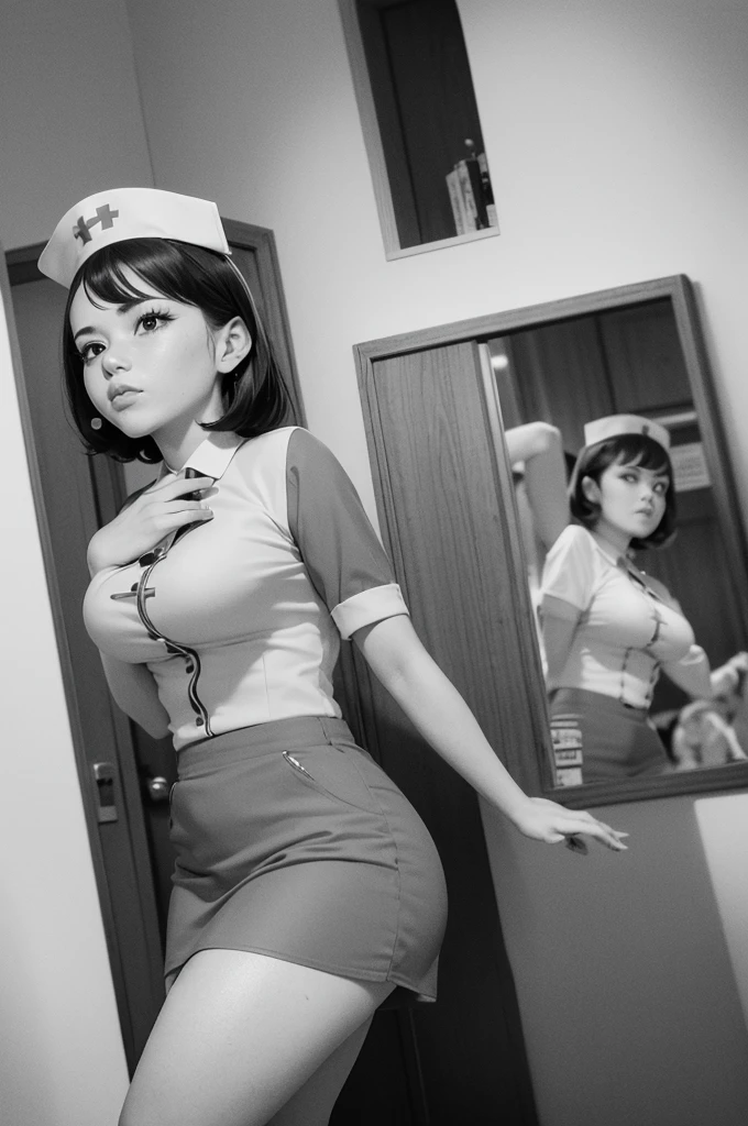 (isabelmoner-smf, dora: 0.9), ((nurse)) Romantic In a nurse's uniform, satirical, in the style of Pin Up, higly detailed, Complicated details, Gil Elvgren's ((style Gil Elvgren)), Colorful pin-up art, Gill Elvgren, (hyperrealist in the style of David Barnett · Newton Hellmuth · Yuriy Arkurs ), vintage, 50 mm
