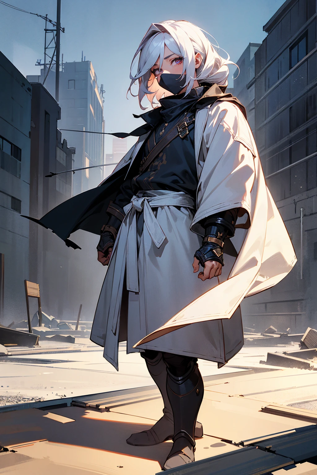 Masterpiece Quality, Perfect Generation, Sclera, Detailed Eyes, Skin, Hair, Muscular, Clothing, Expression, , Apocalypse Background, Full Body, Skin, , , , facing viewer, Standing Outside, Clothed, , Eyes, hair, , hair, hair, , Ruined City Background, , face masked, styled hair, Wrapped Up hair, male