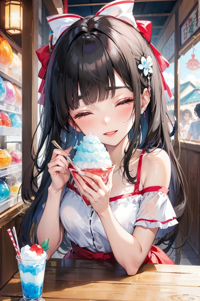 (sweaty skin style), (solo:2, 15 yo), (beautiful detailed blunt bangs:1.3), (beautiful detailed black hair long hair) (best beauty shrine maiden girl, sexy closed eyes, glossy lip, best happy smile:1.1), in a cute Off-the-shoulder camisole dress, break, in the japanese Shaved Ice Shop, girl is eating shaved Ice, While using a spoon, BREAK, perfect anatomy, masterpiece, best quality, 16k, beautiful detailed summer, daydreaming expression.