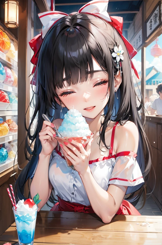(sweaty skin style), (solo:2, 15 yo), (beautiful detailed blunt bangs:1.3), (beautiful detailed black hair long hair) (best beauty shrine maiden girl, sexy closed eyes, glossy lip, best happy smile:1.1), in a cute Off-the-shoulder camisole dress, break, in the japanese Shaved Ice Shop, girl is eating shaved Ice, While using a spoon, BREAK, perfect anatomy, masterpiece, best quality, 16k, beautiful detailed summer, daydreaming expression.
