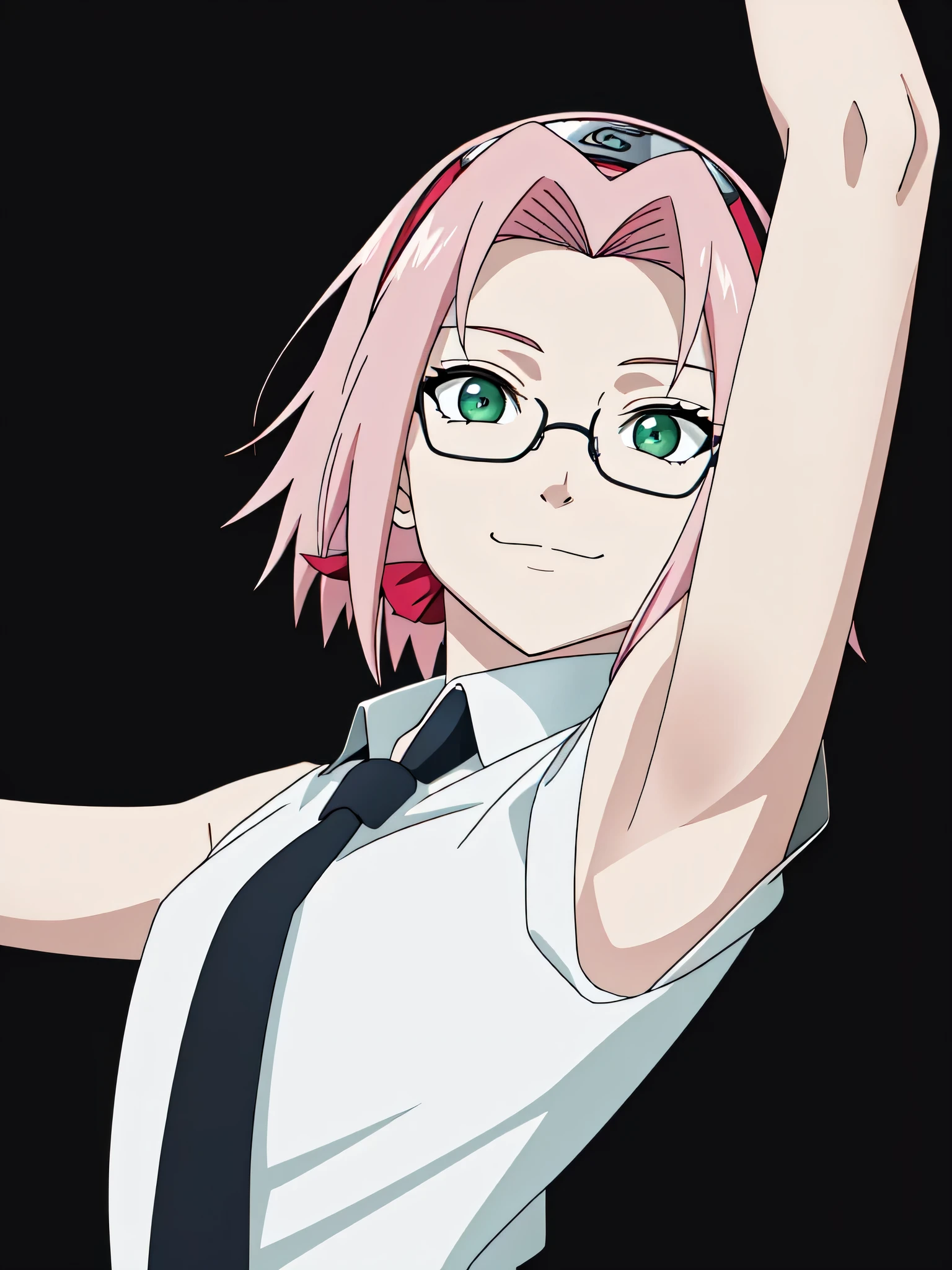 haruno sakura, pink hair, short hair, green eyes, (small breasts:1.1), hairband, office lady, glasses, tie, necktie, (black necktie:1.3), shirt, collared shirt, (white shirt:1.5), formal shirt, forehead protector, tucked sleeves, bare shoulders, bare arms, 1girl, solo, anime screencap, frontlighting, (simple background, black background, dark background:1.3), masterpiece, absurdres, hdr, soft light, best quality, detailed, highres, shiny skin, shiny hair, (looking at viewer, eye contact with viewer:1.5), smile, smug, (closed mouth:1.2), arm up, raised arm, armpit, from side, from below