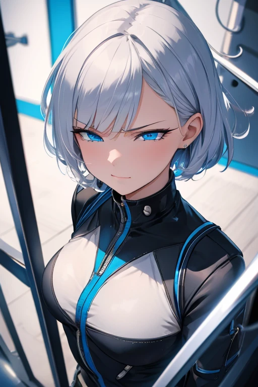 A woman with silver bob hair and blue eyes, her eyes are condescendingly, ((She is angry)), extremely detailed and realistic, masterpiece quality, ultra-detailed, HDR, studio lighting, vivid colors, physically-based rendering, (She is facing completely to the side), she is running