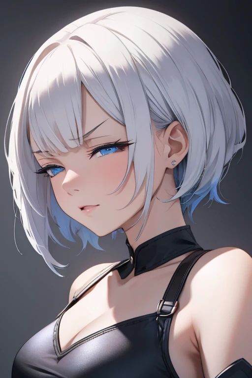 A woman with silver bob hair and blue eyes, her eyes are condescendingly, ((She is angry)), extremely detailed and realistic, masterpiece quality, ultra-detailed, HDR, studio lighting, vivid colors, physically-based rendering, (She is facing completely to the side), she is running