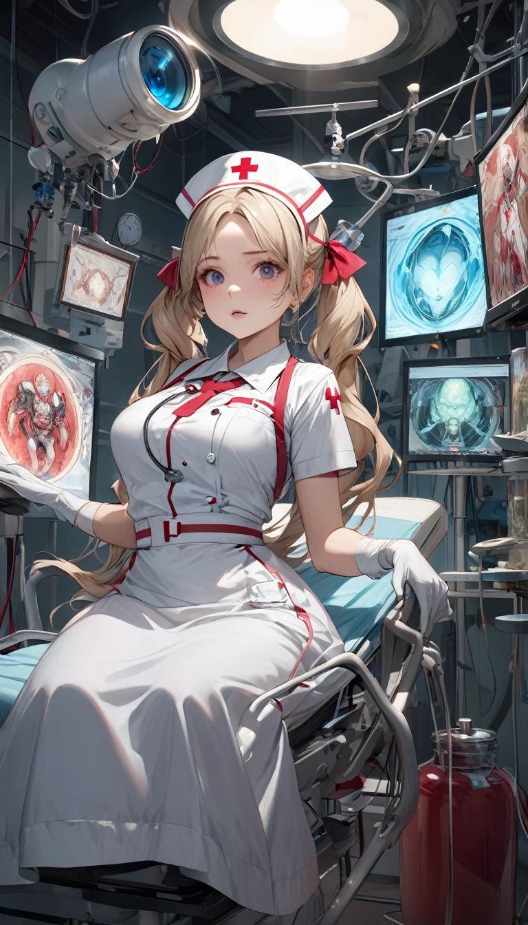 (mad scientist), 8k resolution, masterpiece, Highest quality, Award-winning works, unrealistic, Sexy Womanだけ, healthy body, Age 25, White wavy long hair, hair band, big firm bouncing chests, (Crazy Nurse), A terrifying sight, fear, Very detailed, Digital Painting, artステーション, コンセプトart, Smooth, Sharp focus, shape, artジャム、Greg Rutkowski、Alphonse Mucha、William Adolphe Bouguereau、art：Stephanie Law , operating room, spooky, fear, Full Shot, zombee, Symmetric, Greg Rutkowski, Charlie Bowwater, beep, Unreal 5, Surreal, Dynamic Lighting, ファンタジーart, Complex colors, Horrific scenes, Small face, Very delicate look, Delicate eye depiction, Upper body close-up,, erotic, dynamic sexy pose, Sexy Woman, Healthy body, 24-year-old female, doaxvv_Marie Rose, mad nurse, height: 150cm, Twin tails, To flap one&#39;s hair, Glaring at the camera, look up, Creepy Laughter, (mad look, Bloodshot eyes), (Bloody nurse uniform), Tight Skirt, stockings, pumps, Brandishing a scalpel