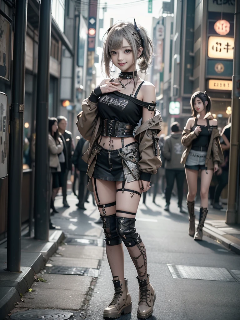 (Full Body View:1.2)、(Smiling with teeth showing:1.3),(Shibuya Gal:1.5)、(Beautiful gravure model:1.5)、(Neo-goth fashion:1.5)、(Punk RockVisual Kei:1.5)、(An off-the-shoulder hoodie in khaki and brown with delicate silver accessories.:1.5)、(A corset with a delicate beige and brown design:1.4)、(Khaki and brown snakeskin bodysuit:1.5)、(head band:1.3)、(Beige and charcoal knee socks:1.4)、Embellished collar and long boots、(I'm selling snake print underwear.:1.4)、(Long eyelashes:1.3)、(30 years old)、((Highest quality、8k、masterpiece:1.3))、1 Female、Slim and beautiful abs:1.3、(hairstyle casual、Beautiful boobs:1.1)、(Doing an aerobics pose:1.3)、dress:1.1、Super small face、Narrow eyes、double eyelid、A sloppy smile、Esbian all over body、Dynamic Angle、Close-up、CPL Filter、Blurred Background、Bokeh、Blue Hour、Detailed face and skin texture、Detailed eyes、,(Twin tails:1.3)、(Black brown hair:1.3)、Gravure idol、(The background is a glamorous dance hall:1.3)、(Make your legs thinner:1.4)、(Slim Body:1.3)、(clavicle:1.1)