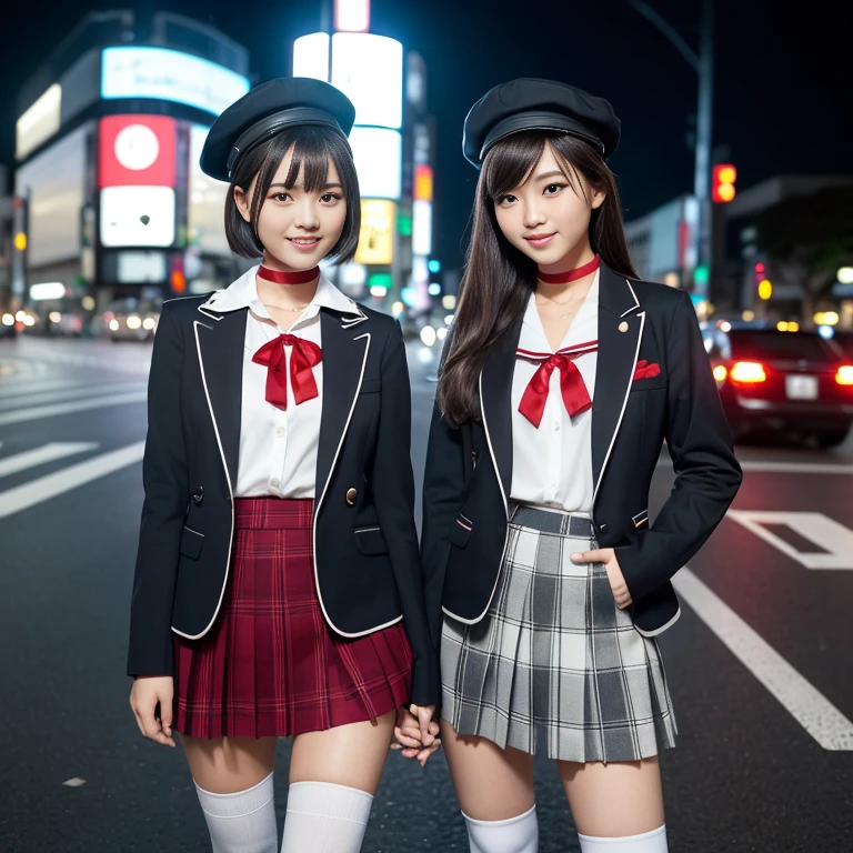 (2 to 3 gorgeous Asian women, age 20s, standing with hands on hip, at empty Shibuya Crossing Tokyo with no people in background, under night sky. They're dressed in Japanese JK Uniform, Serafuku, Seifuku, Sailor Uniform, silver neck choker, white blouse, sailor-style collar, pleated skirt, Buttons, Red Ribbon, Red Bolo Tie, Striped Necktie, Red Neckerchief, Red Bow, Sailor Hat, Western-style plaid skirt, knee-high socks, blazer, vest, beautiful detailed face, beautiful detailed eyes, dimpled smile, kind & friendly smile, short bob hair, ponytail, cute snaggletooth, ample round bosom, Fit & Healthy body proportion, photorealistic, hyper-realism, high contrast, ultra HD, realistic skin textures, top image quality, top-quality, super high resolution, fine details, very meticulously, bokeh background, full_body_shot, vivid colours, masterpiece) #aliceinborderland