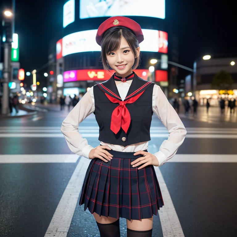 (2 to 3 gorgeous Asian women, age 20s, standing with hands on hip, at empty Shibuya Crossing Tokyo with no people in background, under night sky. They're dressed in Japanese JK Uniform, Serafuku, Seifuku, Sailor Uniform, silver neck choker, white blouse, sailor-style collar, pleated skirt, Buttons, Red Ribbon, Red Bolo Tie, Striped Necktie, Red Neckerchief, Red Bow, Sailor Hat, Western-style plaid skirt, knee-high socks, blazer, vest, beautiful detailed face, beautiful detailed eyes, dimpled smile, kind & friendly smile, short bob hair, ponytail, cute snaggletooth, ample round bosom, Fit & Healthy body proportion, photorealistic, hyper-realism, high contrast, ultra HD, realistic skin textures, top image quality, top-quality, super high resolution, fine details, very meticulously, bokeh background, full_body_shot, vivid colours, masterpiece) #aliceinborderland