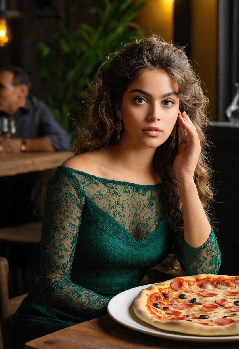 1 fille dans, 19 ans, seulement, Oeuvre esthétique,trait réaliste, un beau modèle berbère algérien, cheveux brun clair ondulés, cheveux mi-longs, beau visage berbère, yeux marron clair-vert, peau claire, visage mince, corps des coureurs, portant une ROBE MOULANTE BARDOT À COL EN V PLONGEANT NOIRE, (peau texturée, pores de la peau:1.1), chair de poule, Pose séduisante, (Extérieur:1.1), pose assis à une table avec une pizza sur la table ,tombée de la nuit , Lumière naturelle, Nikon Z8 + NIKKOR Z 24-120 mm f./4S