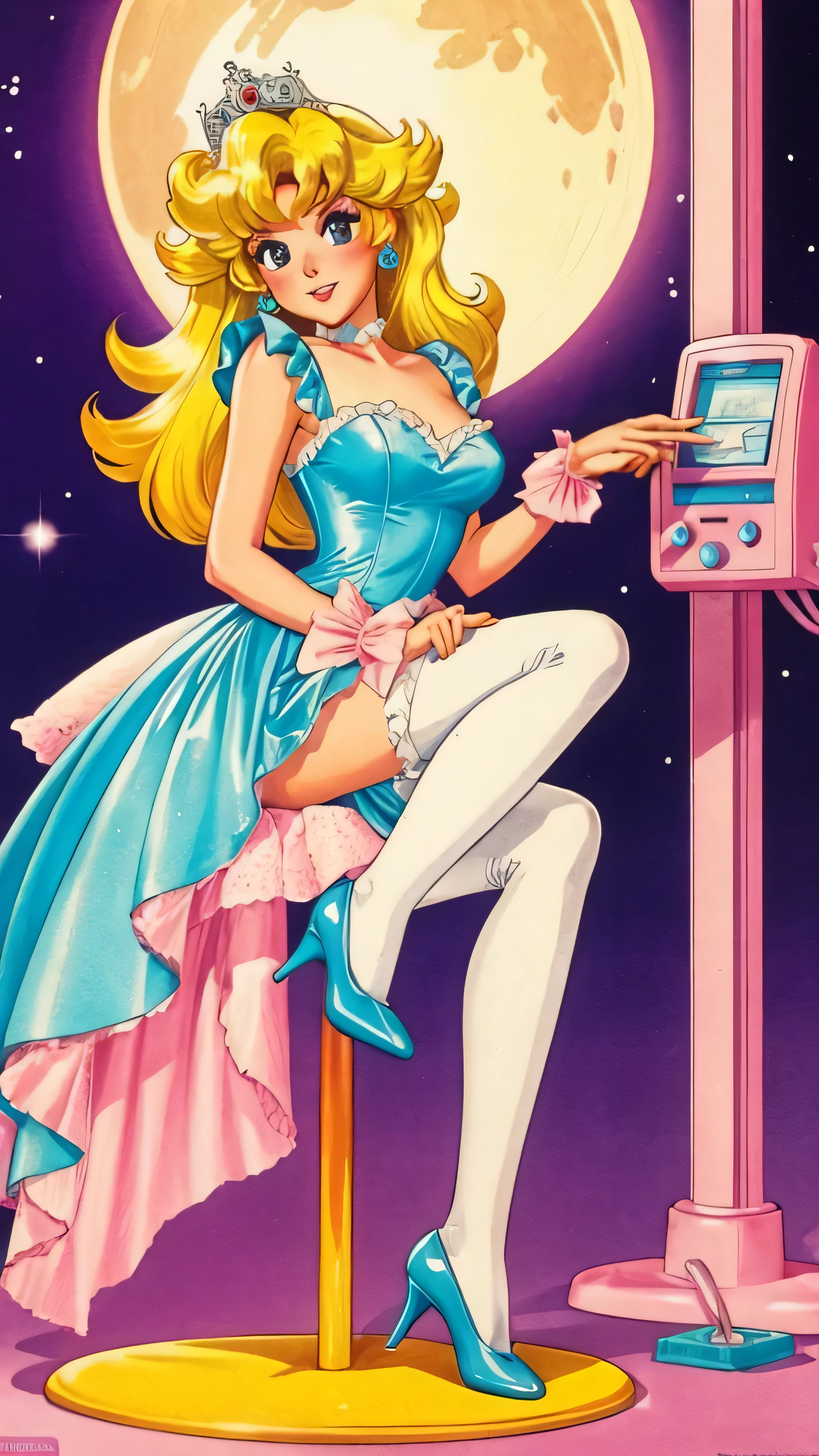 Princess Peach in the 80s style showing you her foot so you can clean it with your tongue and takes your money without you being able to complain like the dominant findom financial dominatrix that she is at night