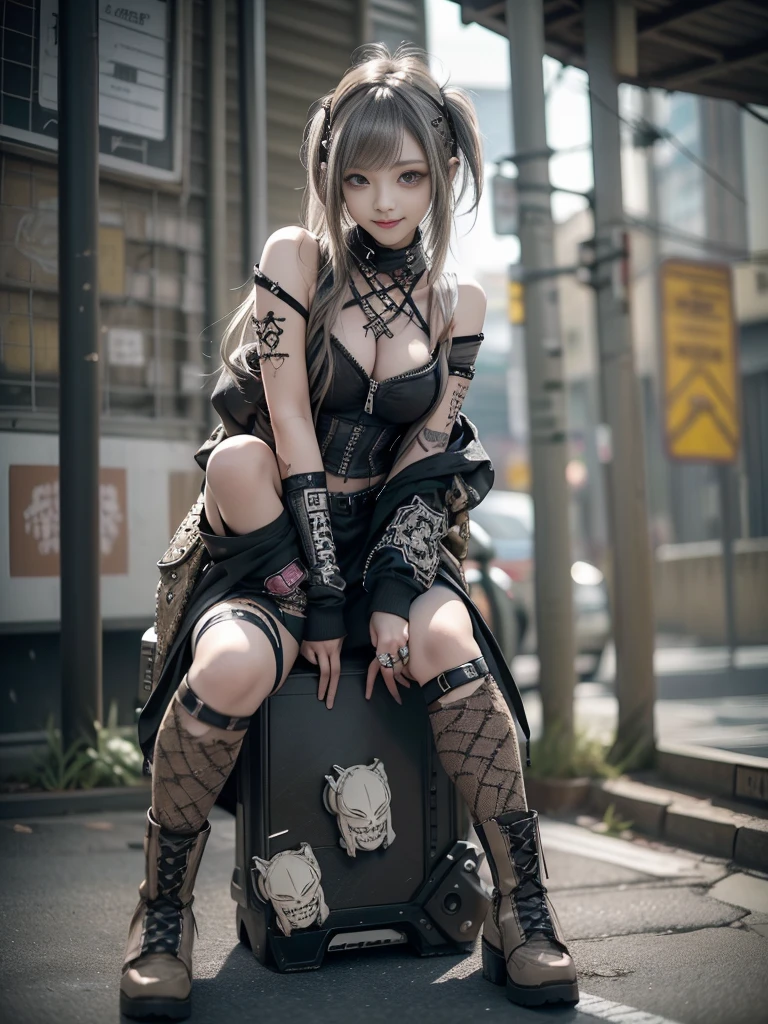 (Side view:1.1)、(Smiling with teeth showing:1.3),(Shibuya Gal:1.5)、(Beautiful:1.5)、(Neo-goth fashion:1.5)、(Punk RockVisual Kei:1.5)、(An off-the-shoulder hoodie in khaki and brown with delicate silver accessories.:1.5)、(A corset with a delicate beige and brown design:1.4)、(Dark grey, khaki and brown snakeskin bodysuit:1.5)、(Snake print headband:1.3)、(Beige and charcoal knee socks:1.4)、Embellished collar and long boots、(I'm selling snake print underwear.:1.4)、(Long eyelashes:1.3)、(Age 35)、((Highest quality、8k、masterpiece:1.3))、1 Female、Slim and beautiful abs:1.3、(hairstyle casual、Beautiful boobs:1.1)、(Doing an aerobics pose:1.3)、dress:1.1、Super small face、Narrow eyes、double eyelid、A sloppy smile、Esbian all over body、Dynamic Angle、Close-up、CPL Filter、Blurred Background、Bokeh、Blue Hour、Detailed face and skin texture、Detailed eyes、,(Twin tails:1.3)、(Black brown hair:1.3)、Gravure idol、(The background is a glamorous dance hall:1.3)、(Make your legs thinner:1.4)、(Slim Body:1.3)、(clavicle:1.1)