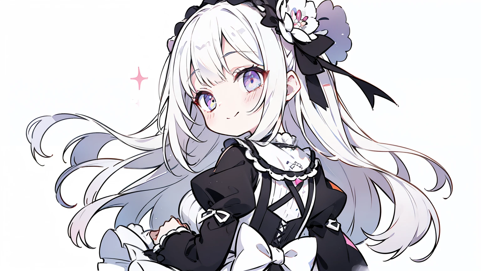 (Very bright:1.1), White background, [1 girl:7], (Head tilt:1.2),Smile, Silver Hair, Silver Eyes, Lolita Fashion, ([sketch|watercolor \(Ease\)]:1.15), (Ink:1.1), (pale:1.2), Vector trace, Gradient Blending, Looking Back, Vibrant colors,((rich and colorful)), flower, That&#39;very good, Very detailed, complicated, (Very low contrast:1.4)
