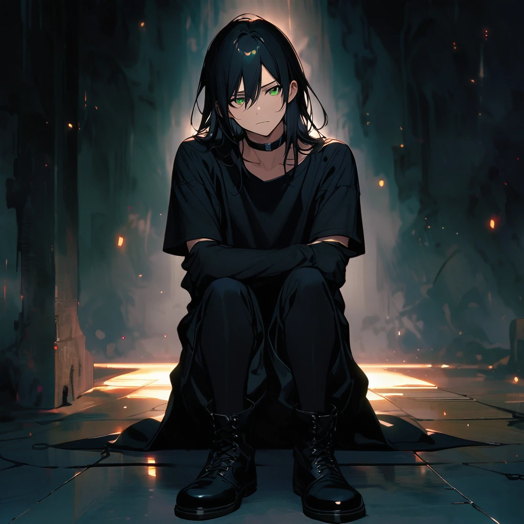 (well done) man, straight black hair down to his neck, black hare ears, green eyes, black choker, black short-sleeved sweatshirt, long black gloves down to his forearms, black shorts, big socks, black boots.