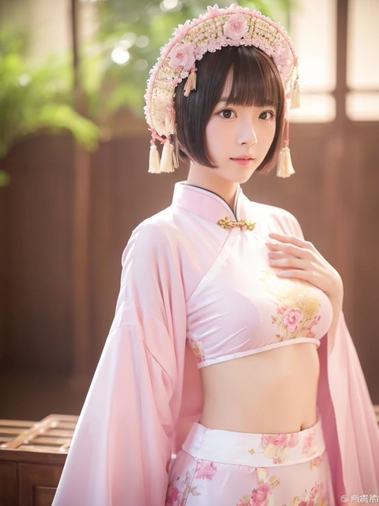 1 girl, chinese_clothes, in white and pink, hanfu, Cheongsam, chinese city, dynamic pose, Headdress, hair ornament, (realistic detailed eyes, natural skin texture, innocent expresion), intricate details, soft and dreamy lighting, pastel color palette, shallow depth of field, highly detailed, hyper-realistic, medium-format film camera, blurred background., bob cut、bob hair、short hair, japanese, big breast